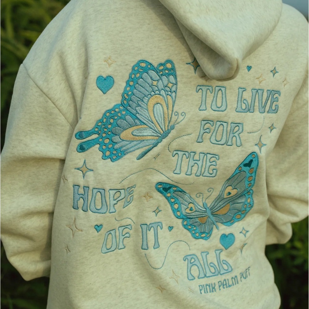 Cream Hoodie with Blue Butterfly Embroidery